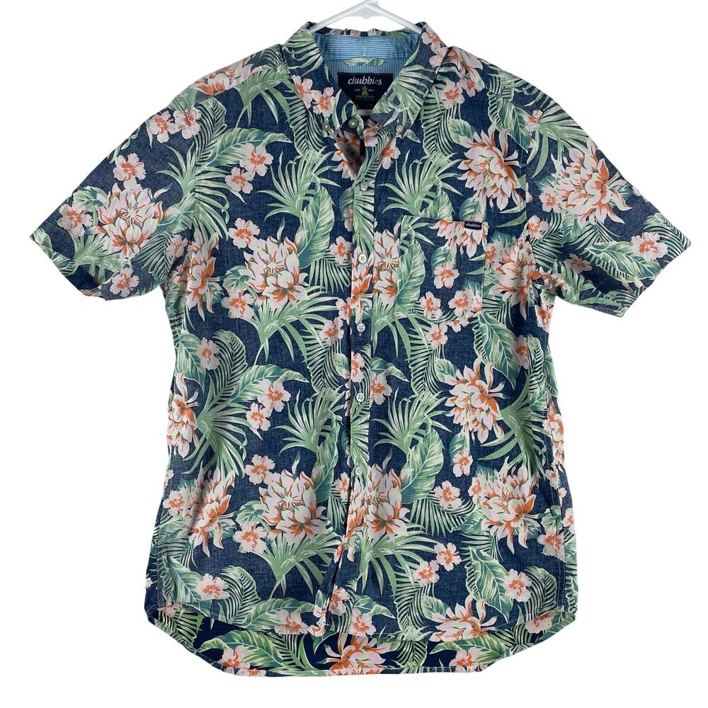 Chubbies Mens Hawaiian Button-Up Shirt L Navy Tropical Floral Short Sleeve